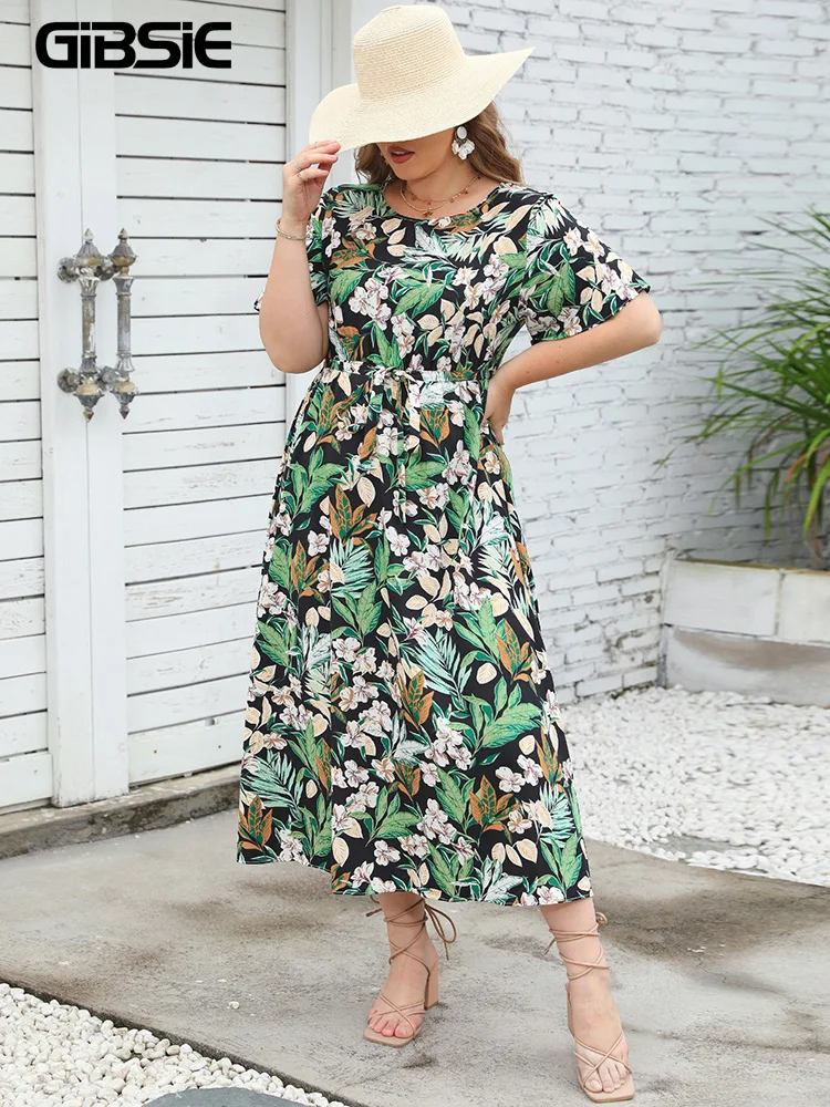 GIBSIE Plus Size Square Neck Floral Print Puff Sleeve Dress Women Summer  2023 Vacation Beach Bohemian Swing Long Maxi Dresses