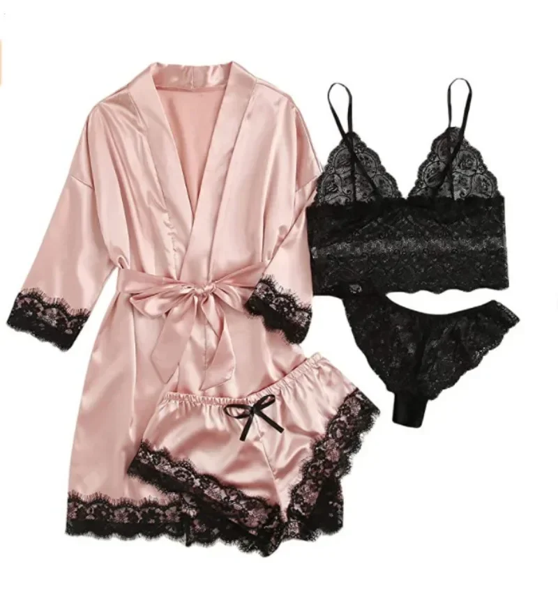 4pcs/set Women Pajamas Fashion Robe Sleep Skirt Nightwear Lace Satin with Silk Sleepwear Robe Sexy Pajama Pants Home Clothes
