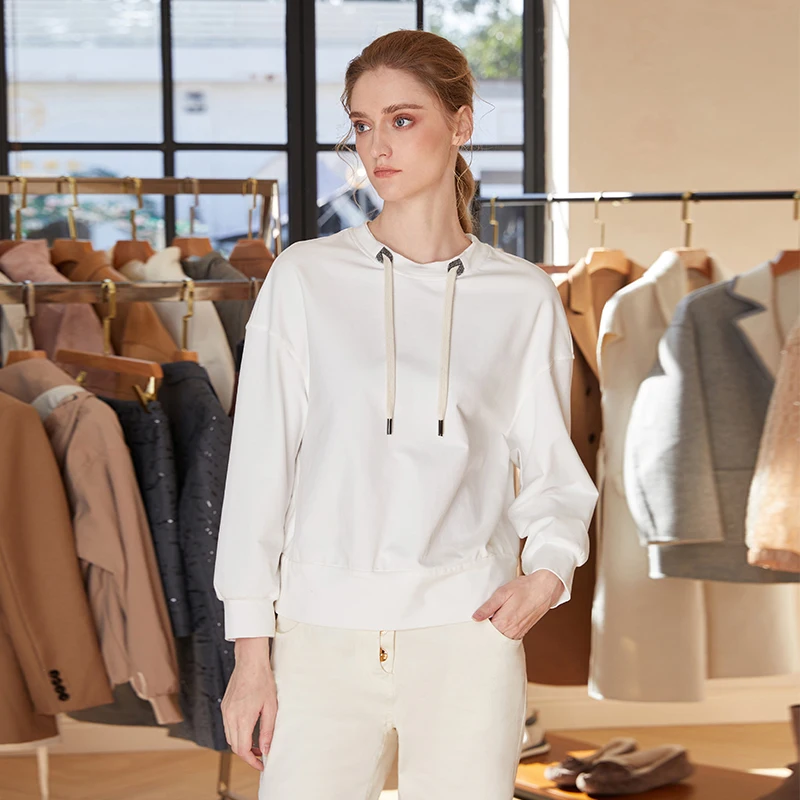 K1827L 95% combed cotton Autumn and winter new luxury women's long-sleeved sweatshirt color-blocked pullover top Clothing view 2