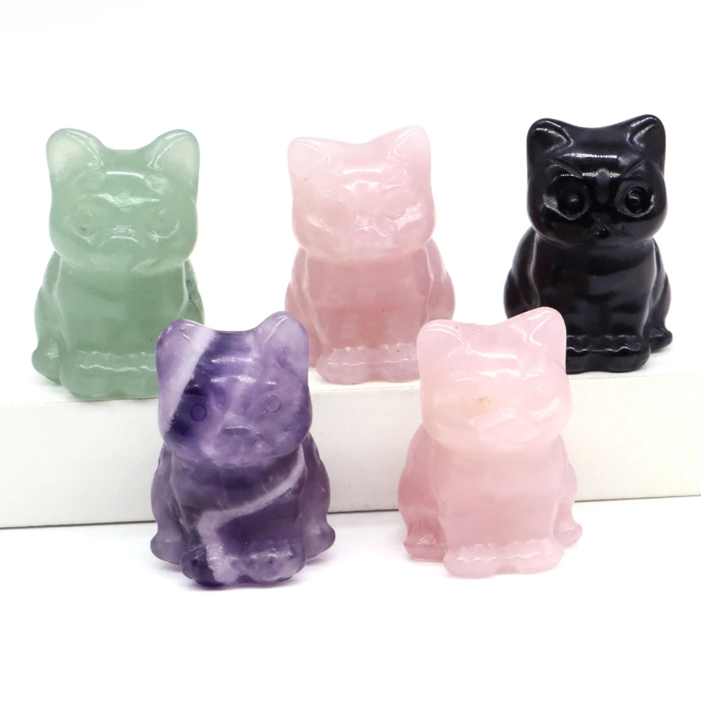 Statuette Chat En Pierre Naturelle (Obsidienne, Quartz Rose...) - Petit Porte-Bonheur - Déco Feng Shui Ou Chambre - Environ 3.5 Cm