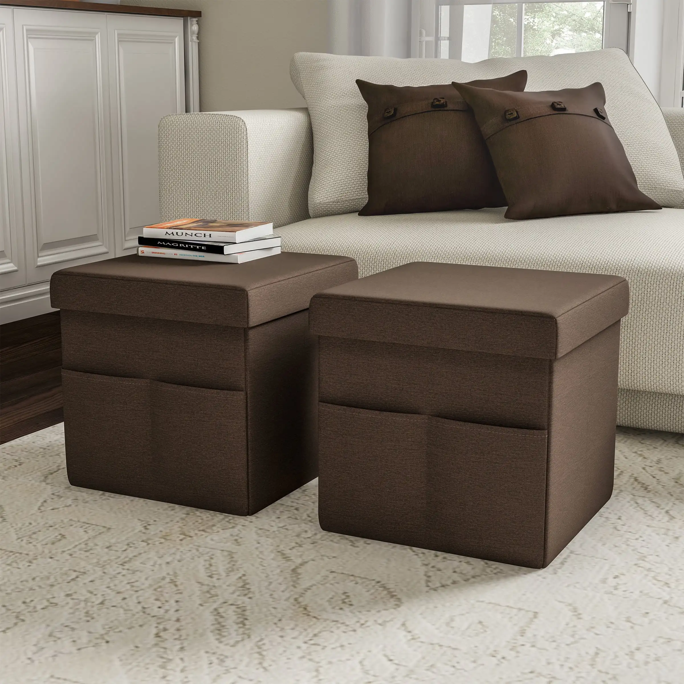 

Lavish Home Set of Two 15-inch Folding Ottomans with Storage Pockets, Brown