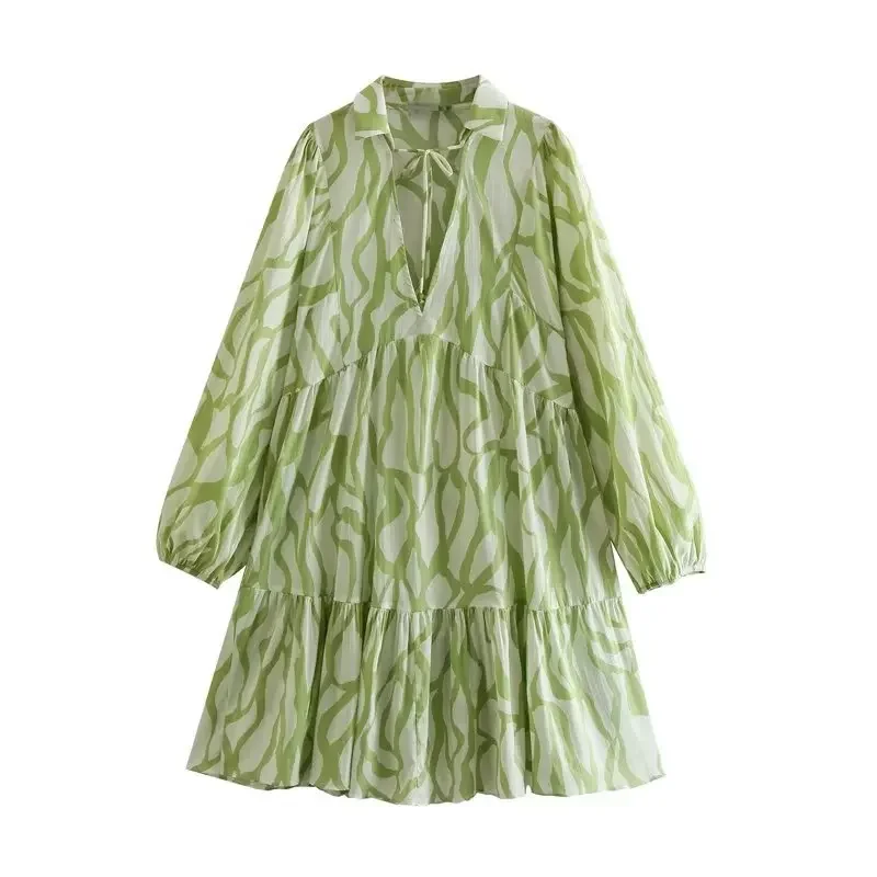 

Women's Long-sleeved Irregular Striped Casual Loose Midi Dress Collar V Neck Strings Mint Printed A-line Dress