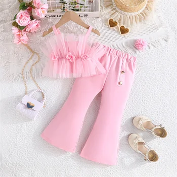 Abbigliamento per bambini Estate Ragazze Set di abiti rosa Top a tubo corto floreale in rete di pizzo + Pantaloni svasati Abbigliamento per bambini Set eleganti per ragazze