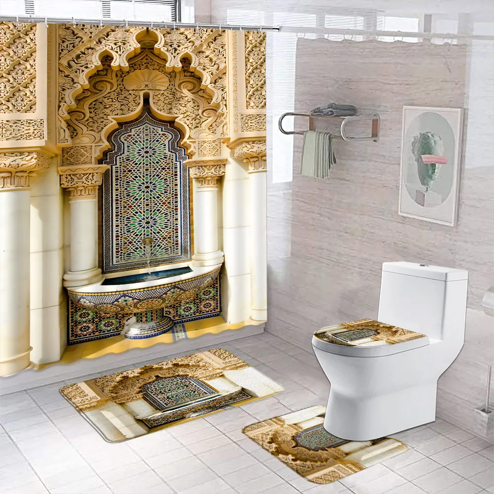

India Moroccan Print Shower Curtain Set European Style Farm Wooden Door Bathroom Decor Non-Slip Bath Mat Toilet Cover Carpet Rug