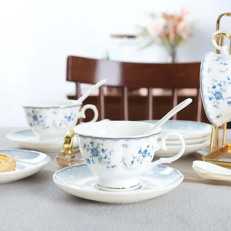 Porcelain Tea Set, British Floral Teapot with Tea Cups, Women Party Set for 6
