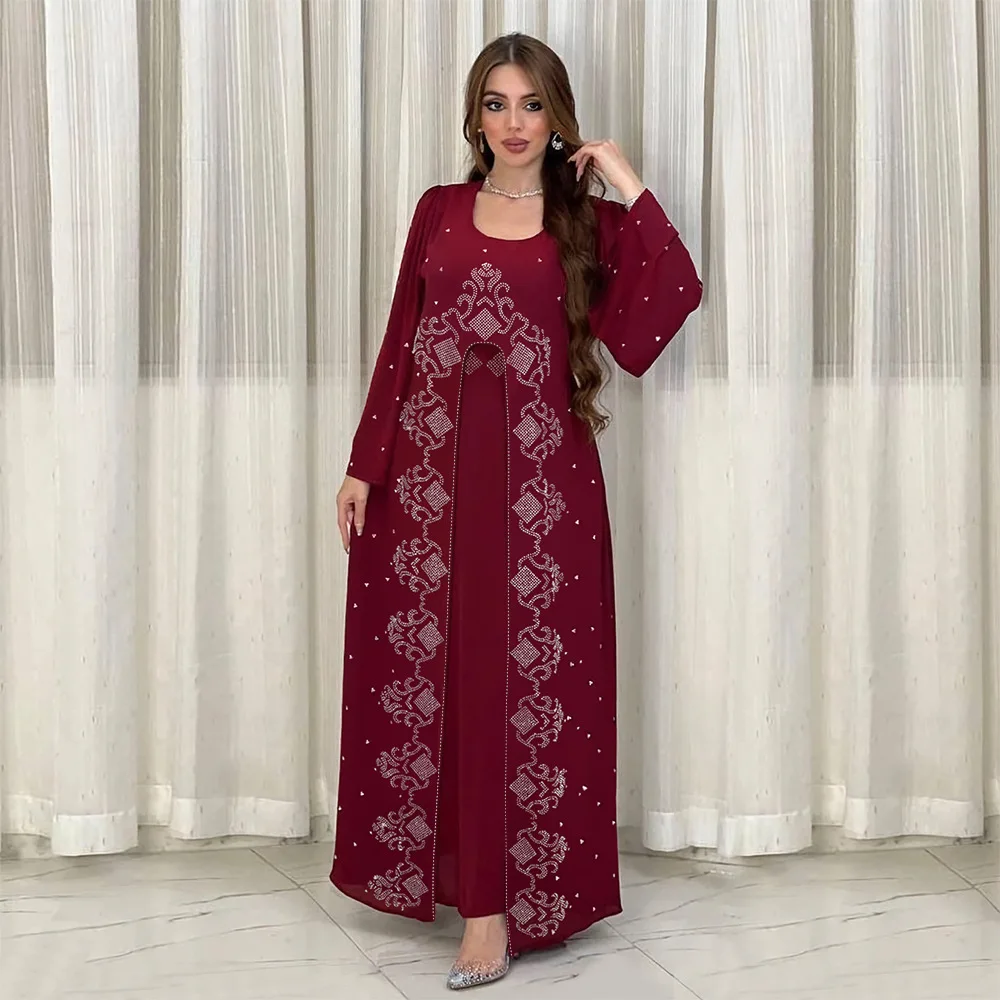 

Eid Mubarak Jalabiya Muslim Women Maxi Dress Diamonds Abaya Dubai Turkey Kaftan Morocco Femme Musulman Vestidos Caftan Robe Gown