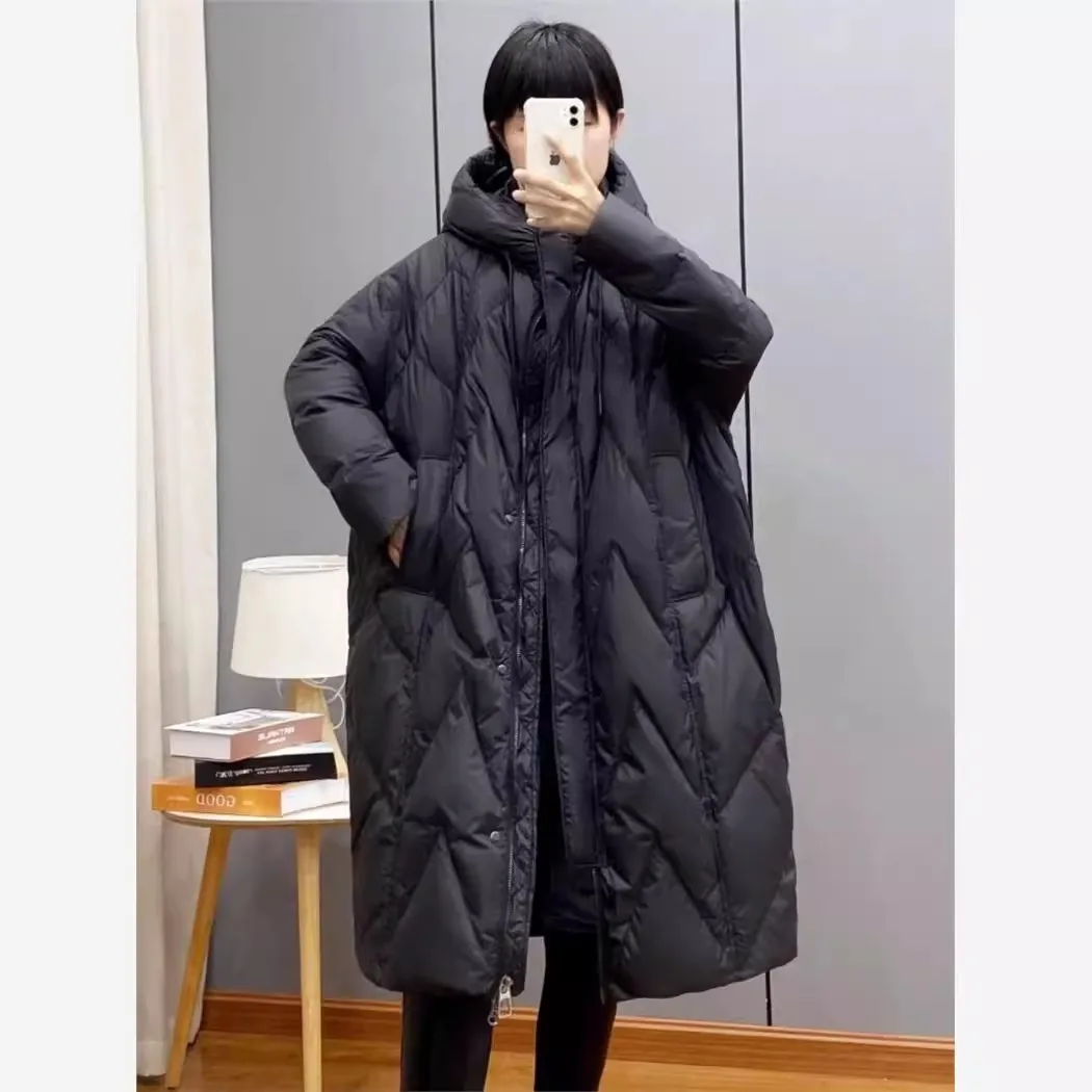 Retro Commuting Loose And Thick Down Cotton jacket for women, New Over The Knee long Plus Size Hooded Parka Winter Outwear Red