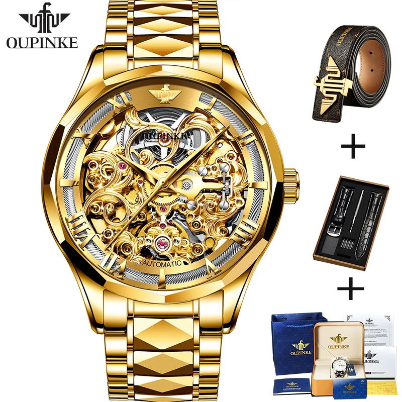 

OUPINKE Luxury New Men Automatic Mechanical Wristwatch Hollow Out Skeleton Golden Watch Tungsten steel Sapphire Business Watch