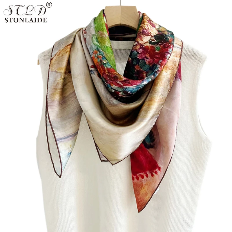 

New 100% Mulber Silk Scarves Luxury Floral 110CM Square Scarf Bright Color Oil Printed Women Scarf Shawl Bandana Ladies Pashmina