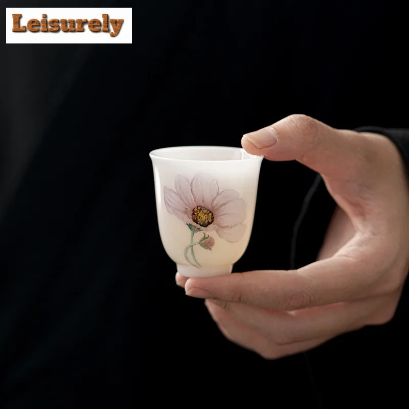 35ml Sheep Fat Jade Porcelain Tea Cup Happiness Flower Master Cup White Jade Mud Smell Fragrant Mug Personal Kung Fu Tea Set