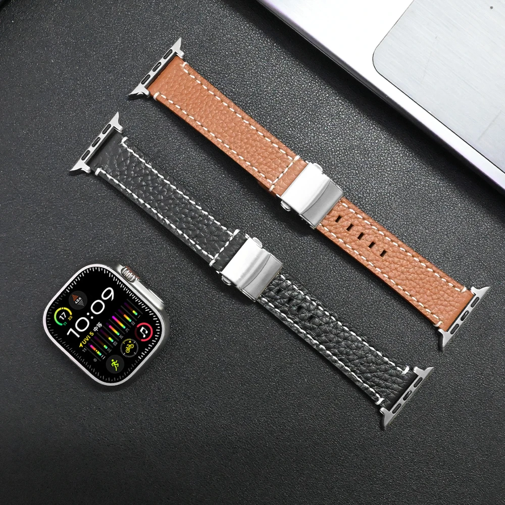 

Genuine Leather Strap For Apple Watch Ultra 2 1 49mm Bracelet For iWatch Series 9 8 7 45mm SE 6 5 4 44mm 42mm Mens Business Band