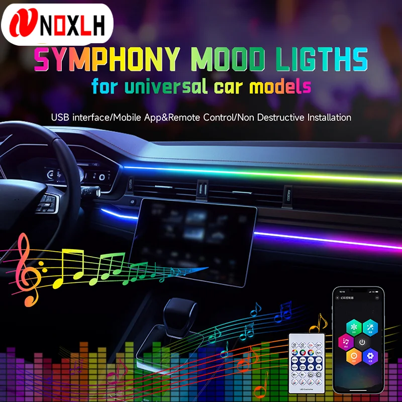 RGB USB car interior ambient light Rainbow Acrylic Strip LED Symphony APP Music Control Decorative Dashboard Atmosphere Lamp ambient light