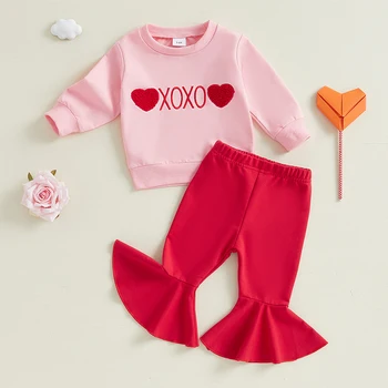 0-3Years Baby Girl Valentine’s Day Outfits Long Sleeve Letter Sweatshirt and Flare Pants Two-piece Sets Fall Spring Clothes 2
