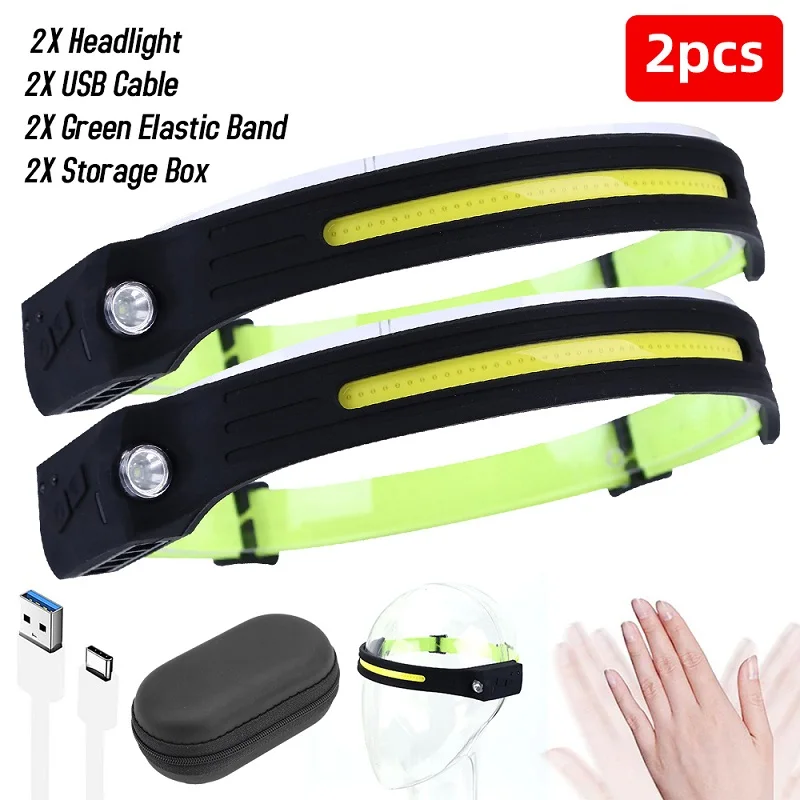 1/2Pcs COB LED Headlamp Sensor Headlight Waterproof Torch Head Lamp USB Rechargeable 4 Lighting Modes Work Light |