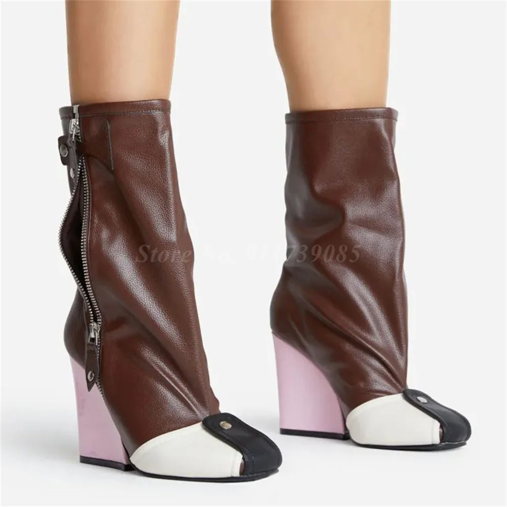 

Wedge Heeled High Heels Calf Boots Patchwork Pink Brown Booties Fashion Show Size 43 Short Boots Women's Mid Boots Lady Shoes