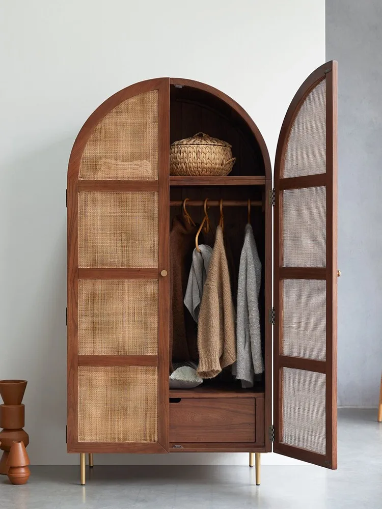 

Solid wood rattan wardrobe bedroom home vintage storage locker arched dome double door large cabinet