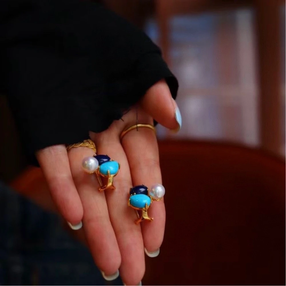 Wong Rain Vintage 18K Gold Plated 925 Sterling Silver Natural Turquoise Pearl Gemstone Ear Stud Earrings Customized Fine Jewelry