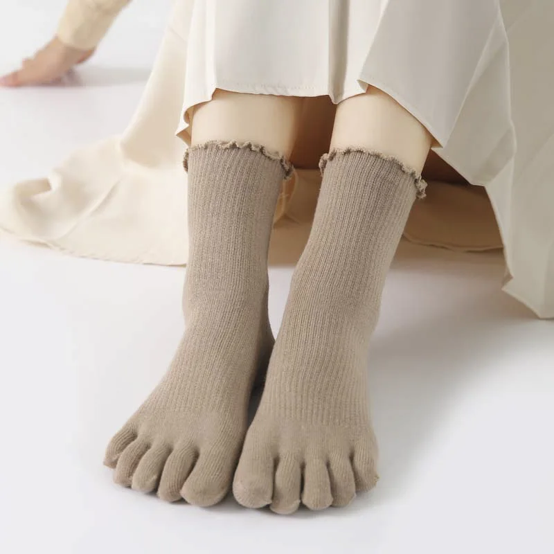 5 Pairs High Quality Cotton Solid Ruffle Socks with Toes Women Ladies Korean Style Fashion Frilly Anti-Friction Five Finger Sock