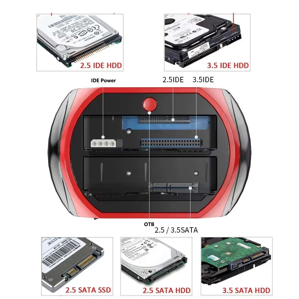 듀얼 슬롯 하드 드라이브 스테이션 USB3.0 2.5/3.5인치 SATA SSD HDD 허브 SD TF 리더 IDE USB2.0 인클로저 어댑터 EU 플러그