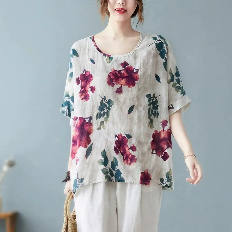 

Dimanaf 2024 Summer Plus Size Women T-Shirts Print Floral Short Sleeve Tops Tees Loose Casual Linen Shirt