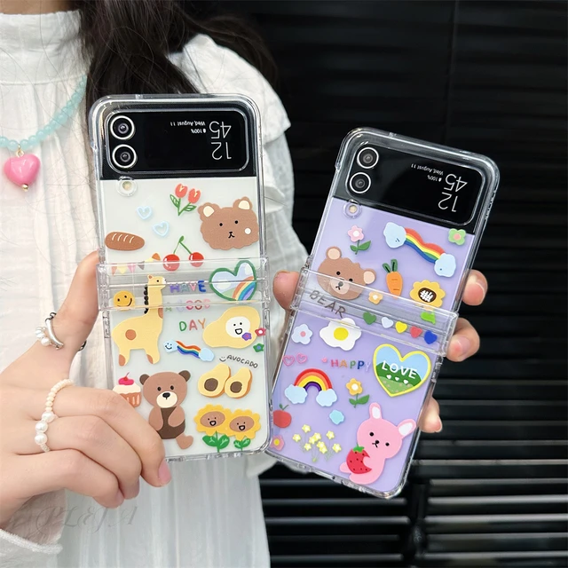 Korea Cartoon Phone Cases For Samsung Galaxy Z Flip 4 3 5G Cute Bracelet  Holder Clear Hard PC Cover Case For Samsung Z Flip 1 2 - AliExpress