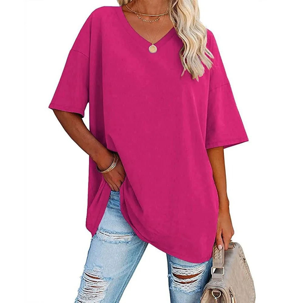 Women's Short Sleeve T Shirt - Cotton Broadcloth Polyester Fabric Top, Loose Fit Tee