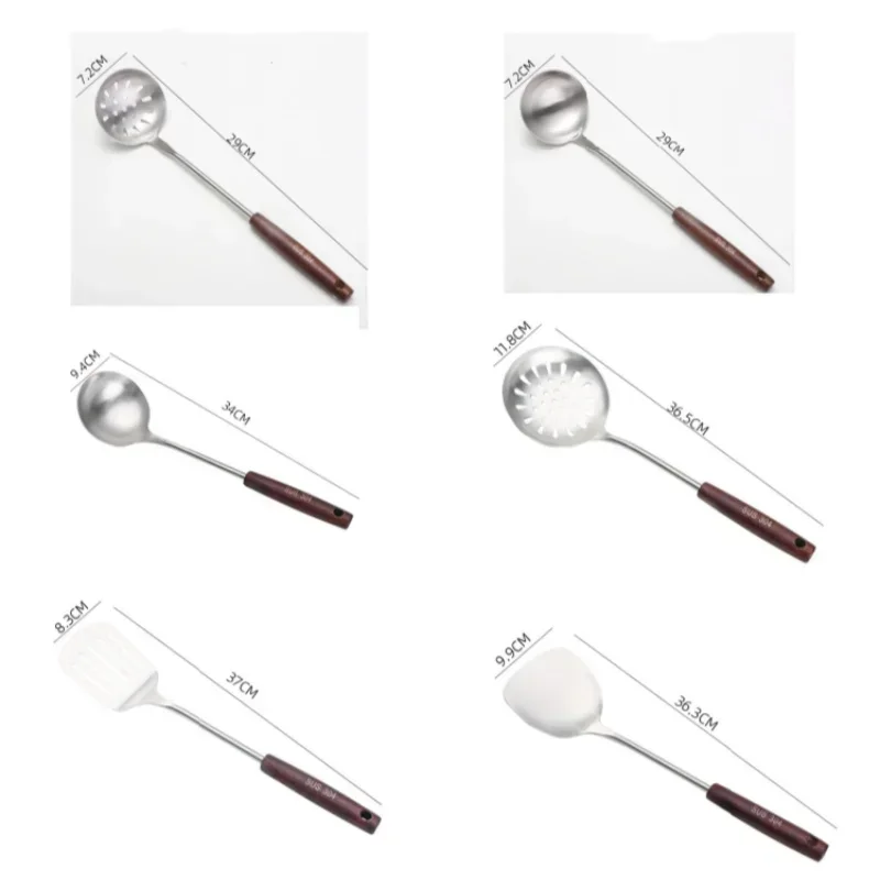 طقم أدوات مطبخ من الفولاذ المقاوم للصدأ 304 بمقبض خشبي، مجرفة، مصفاة، ملعقة شوربة، ملعقة أرز، ملعقة، أواني الطبخ