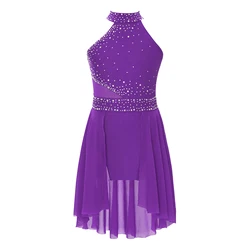 Children Girls Lyrical Dance Dress Ballet Gymnastics Figure Skating Leotard Tutu Sleeveless Shiny Rhinestone Mesh Dancewear