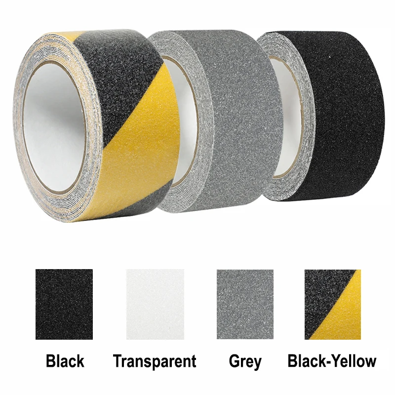 Professional anti-slip safety tape collection showing four color options: caution black & yellow stripe, gray, dark gray, and black. Rough grit texture for flooring, stairs, and ramps.