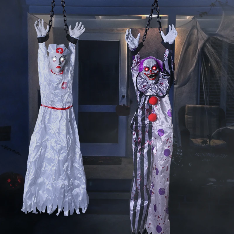E2 Halloween Animatronic Hanging Decoration Animato Talking Spaventoso Clown Chain Occhi Rossi Sound Touch Activated Electric Horror