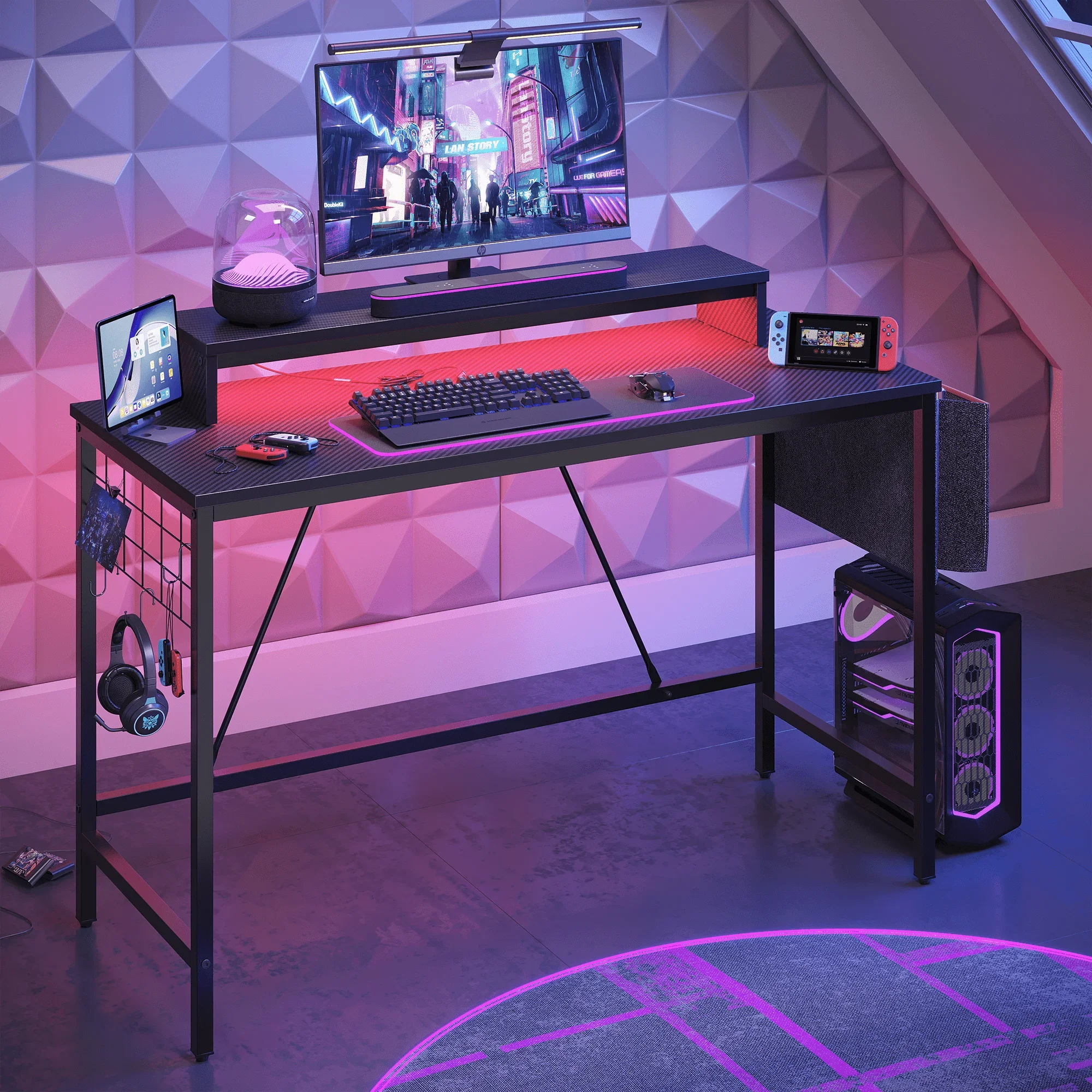 41.7 inch Gaming Desk with LED Monitor Stand, Storage Pocket, Gaming Room and Home Office, Carbon Fiber Patten 2