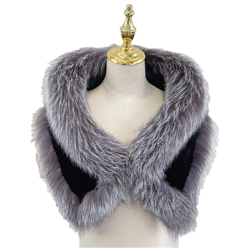 

Winter Real Silver Fox Fur trimmed Shoulder Wraps Genuine Rex Rabbit Fur Scarf Shawl For Women