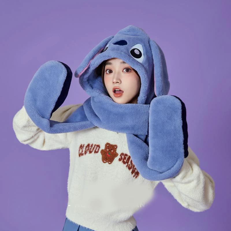 

New Kawaii Miniso Stitch Lotsos Aliens Plush Hat Gloves Scarf Cartoon Winter Cold Prevention 3-Piece Set Anime Toys For Girls