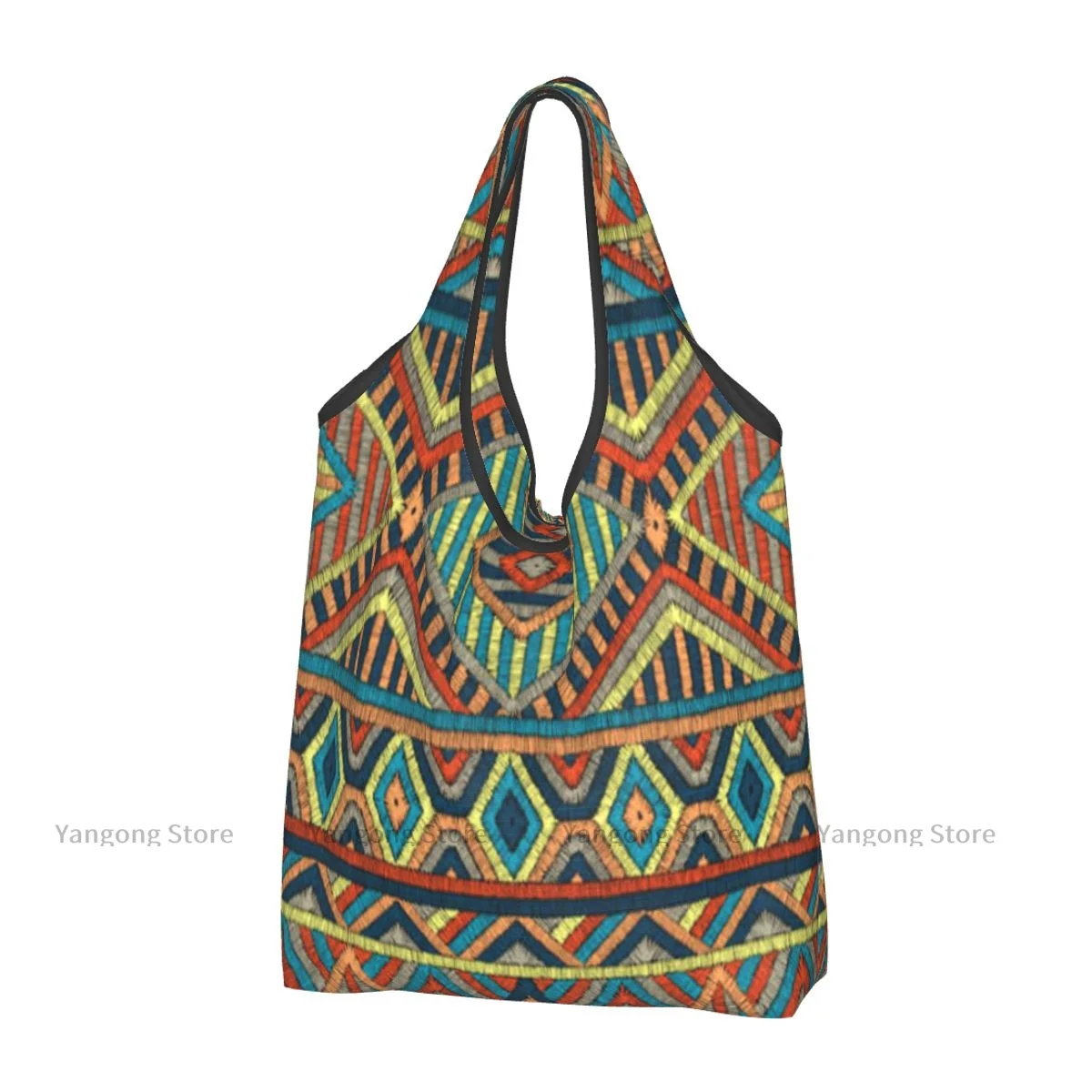 

Folding Shopping Bag Geometric Colorful Ethnic Tribal Motifs Reusable Portable Shoulder Handbag for Travel Grocery Pocket Tote