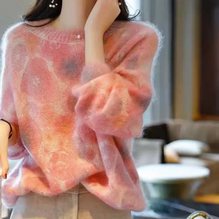 

Sweater Women Lady Pull Femme Loose Casual Long Sleeve Knitwear O-neck Gradient Tops Blue Pink Winter Mohair Woman Pullovers