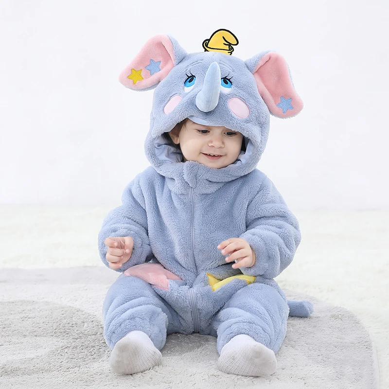 Kigurumis Lovely Elephant Vestiti per neonati Body in flanella invernale Ragazzi Ragazze Pagliaccetto Caldo costume cosplay Vestito con cappuccio