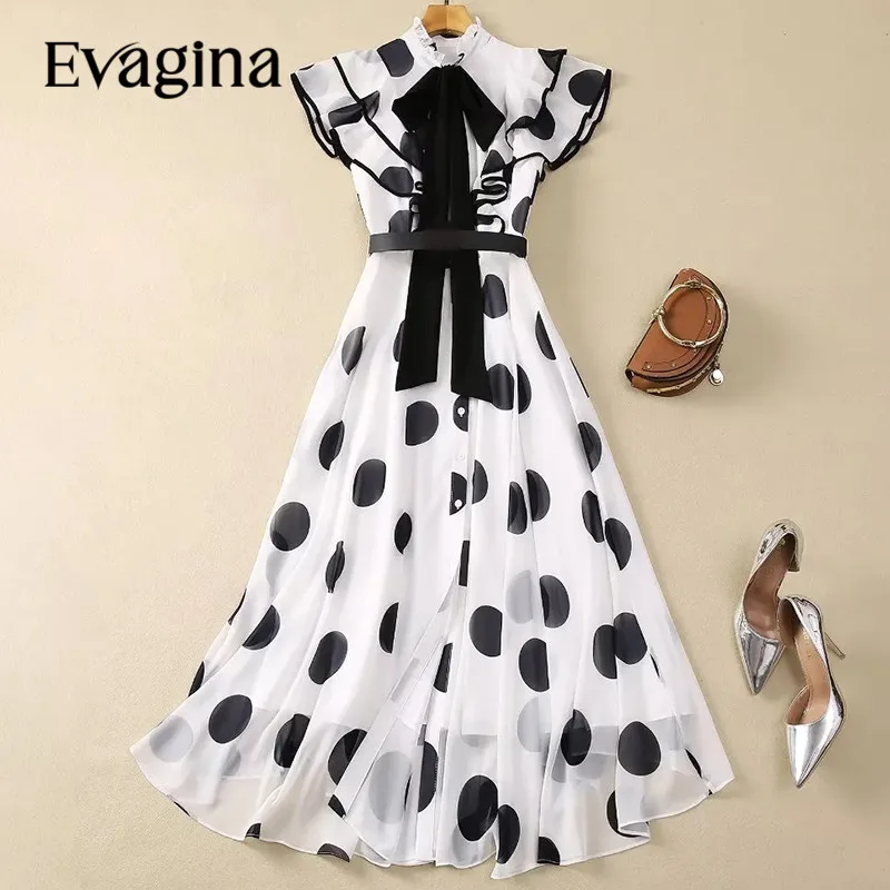 

Evagina New Fashion Runway Designer Women's Stand Collar Bow Single Breasted Detachable Belt Polka Dot Vintage Style Dress