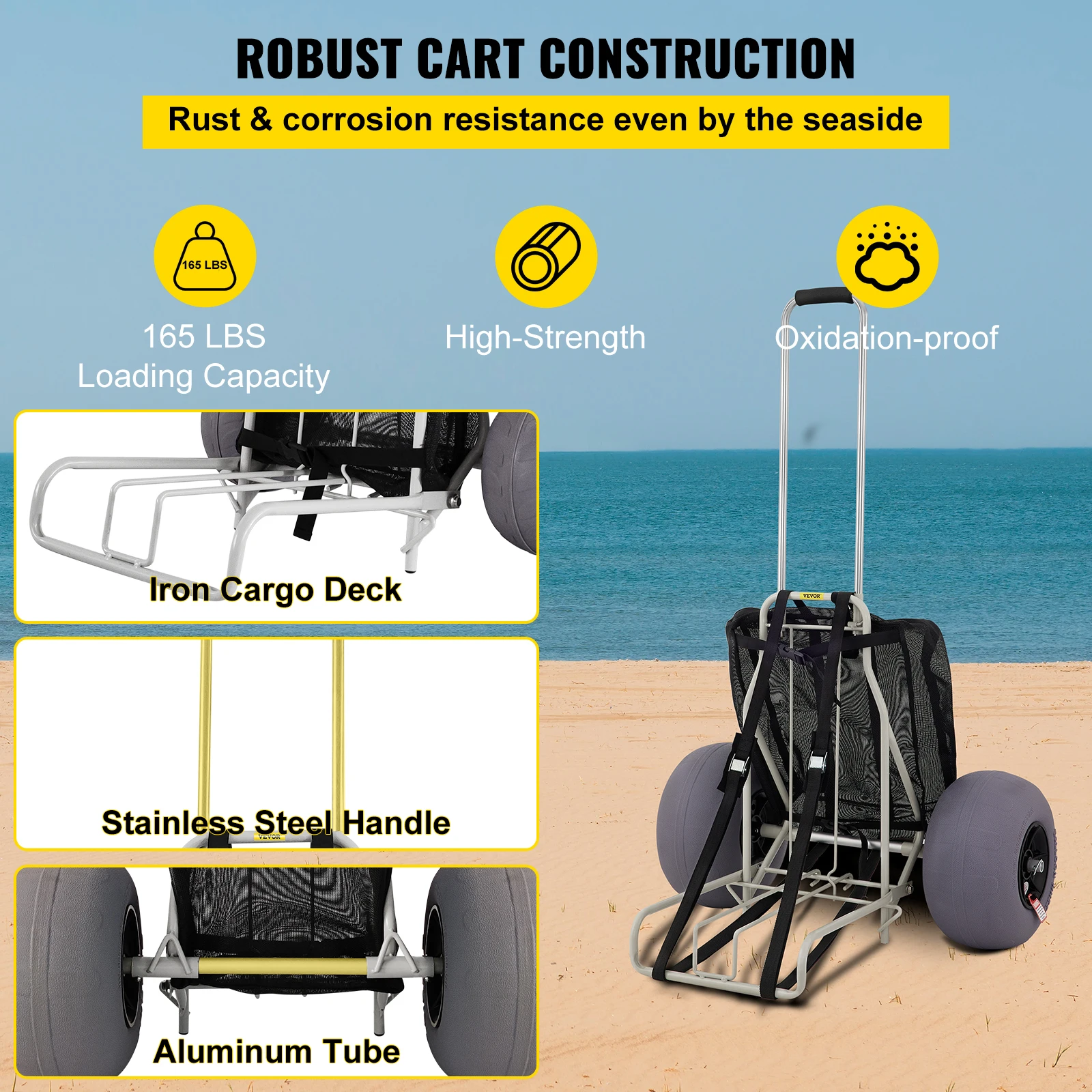 VEVOR Beach Carts for Sand with 13" TPU Balloon Wheels 165 LBS Loading Folding Sand Cart Aviation Aluminum Cart for Picnic 5