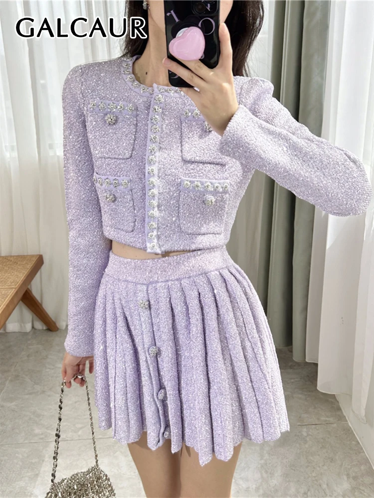 

GALCAUR Spliced Sequins Two Piece Sets For Women Round Neck Long Sleeve Top High Waist Pleated Mini Skirt Elegant Set Female New