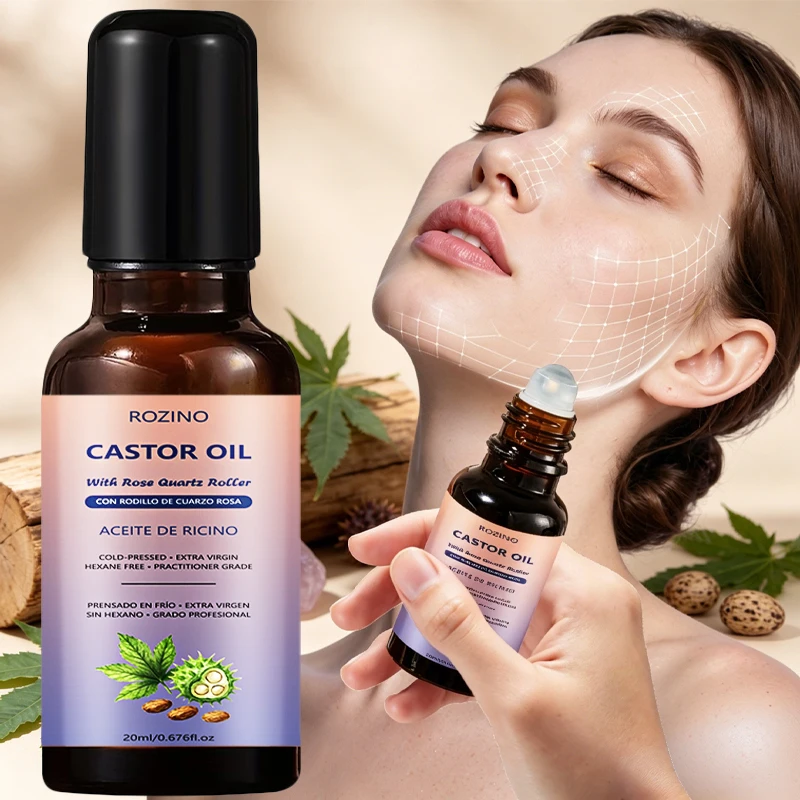 0.68 oz Cold-Pressed Castor Oil: Suitable for Facial, Neck, and Body Care, Comes with a Rolling Massage Head to Enhance Absorption, Leaves No Greasy Residue Portable Packaging, Powerful Hydration, Firming and Brightening, Reduces Fine Lines and Neck Wrink