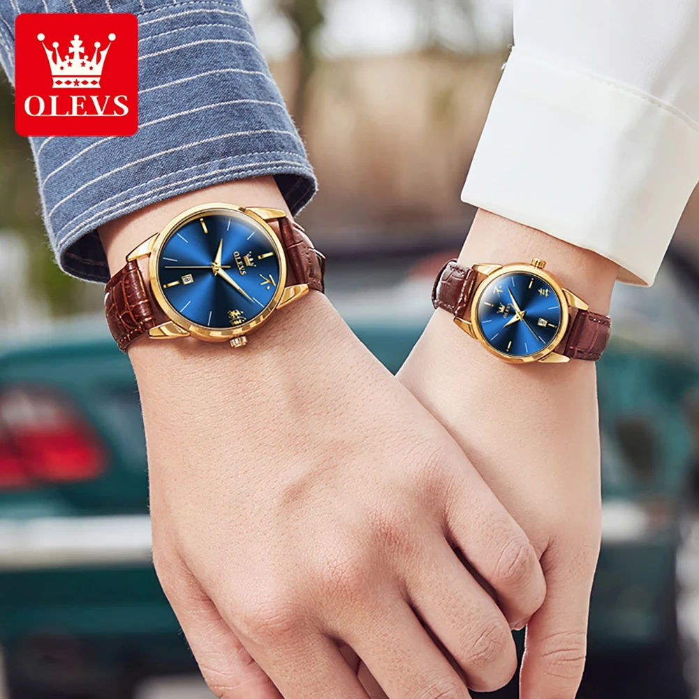 OLEVS Quartz Watch for Couple Fashion Leather Strap Couple Watches Chinese Display Simple Dial Waterproof Luminous Wrist Watches