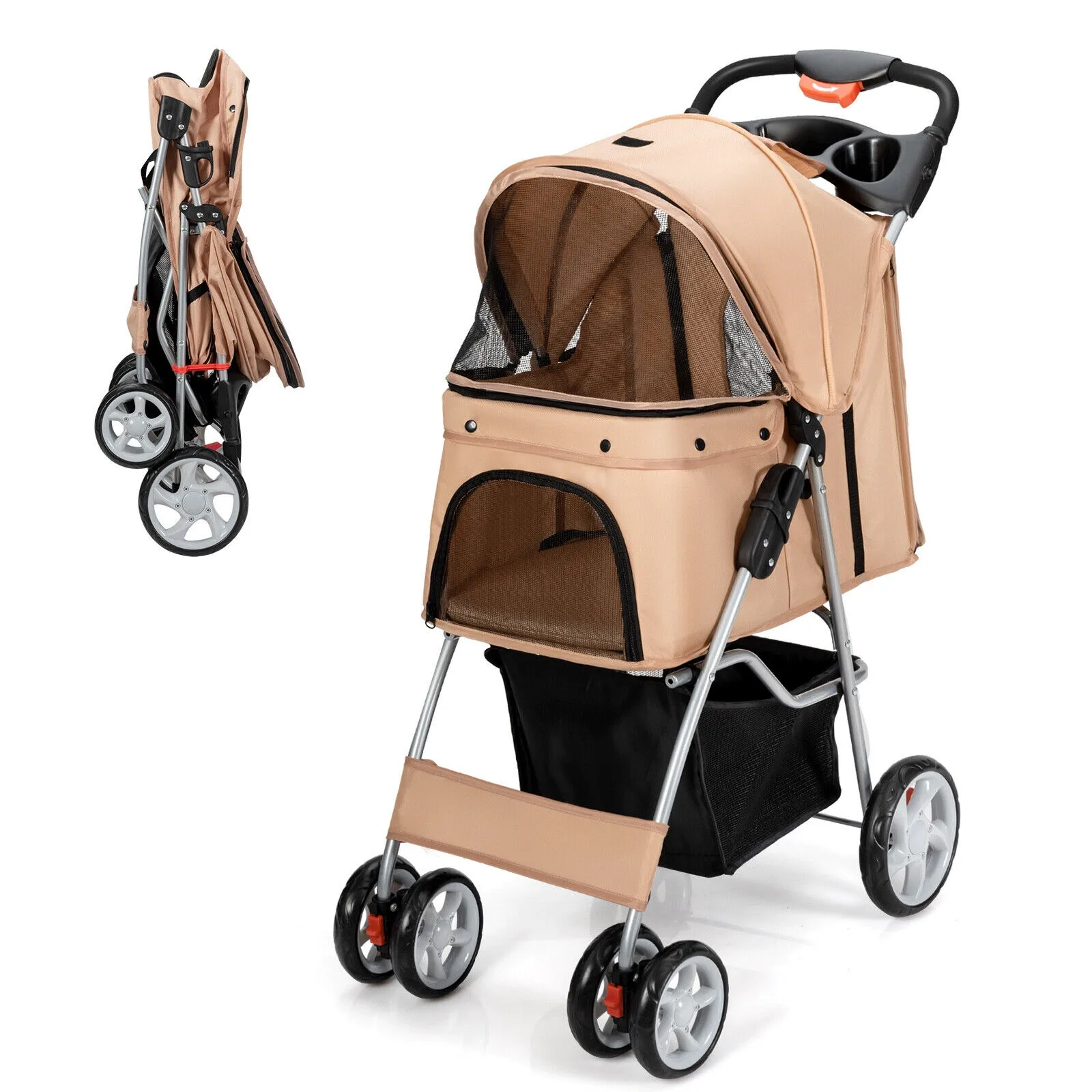 US Folding Pet Stroller 4-Wheel Pet Travel Carrier w/Storage Basket Beige