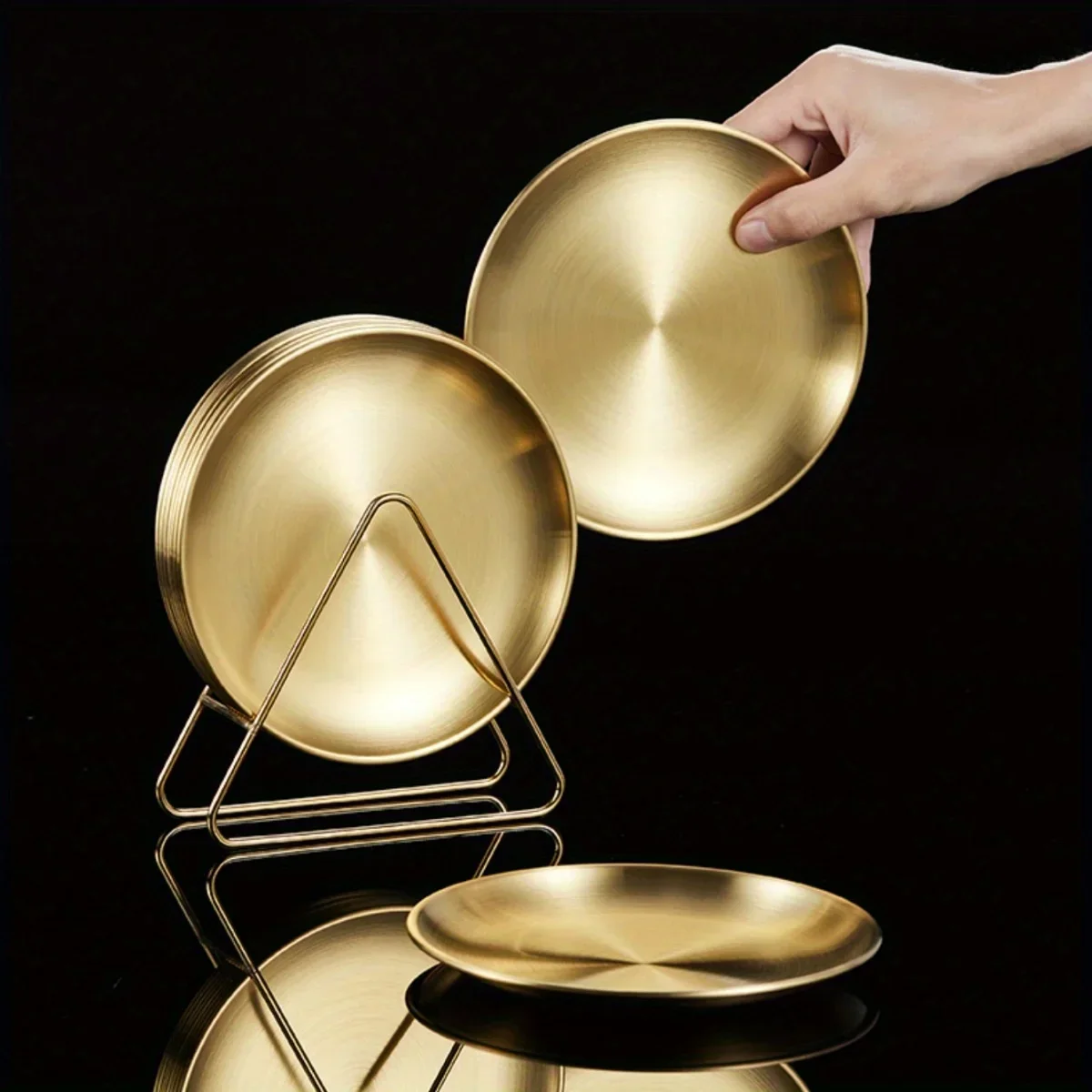6pcs plates with storage rack Stainless steel restaurant snack plate Cake fries plate Gold tray