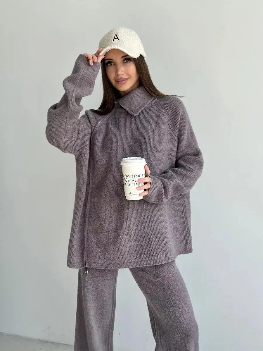 Knit Zipper Women's Pants Sets For Women Slim Lapel Long Sleeve Pullover And Patchwork Straight Legg 2 Piece-Set Winter
