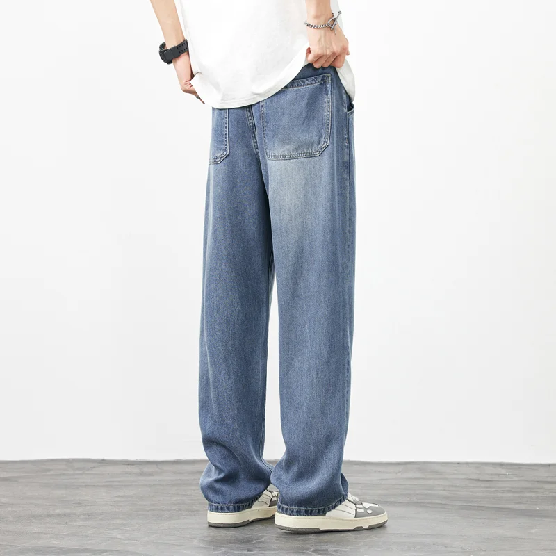 Lyocell Soft Cozy Jeans Men's Autumn Vintage Fashion Street Denim Trousers Male Clothes Korea Baggy Straight Casual Pants Blue 3