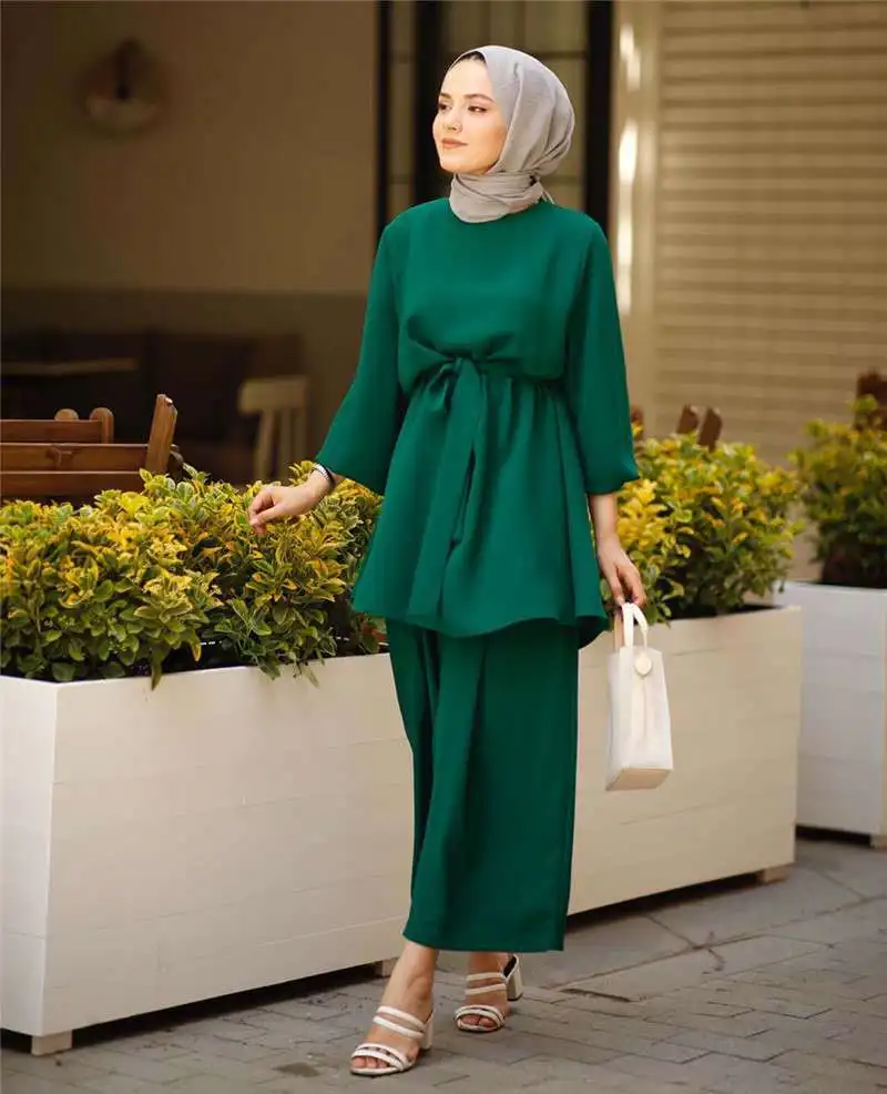 Wepbel Muslim Women Arab Suit Fashion Long Sleeve Tops + Wide Leg Pants Islamic Two Piece Set Outfits Female Blouses Women Sets