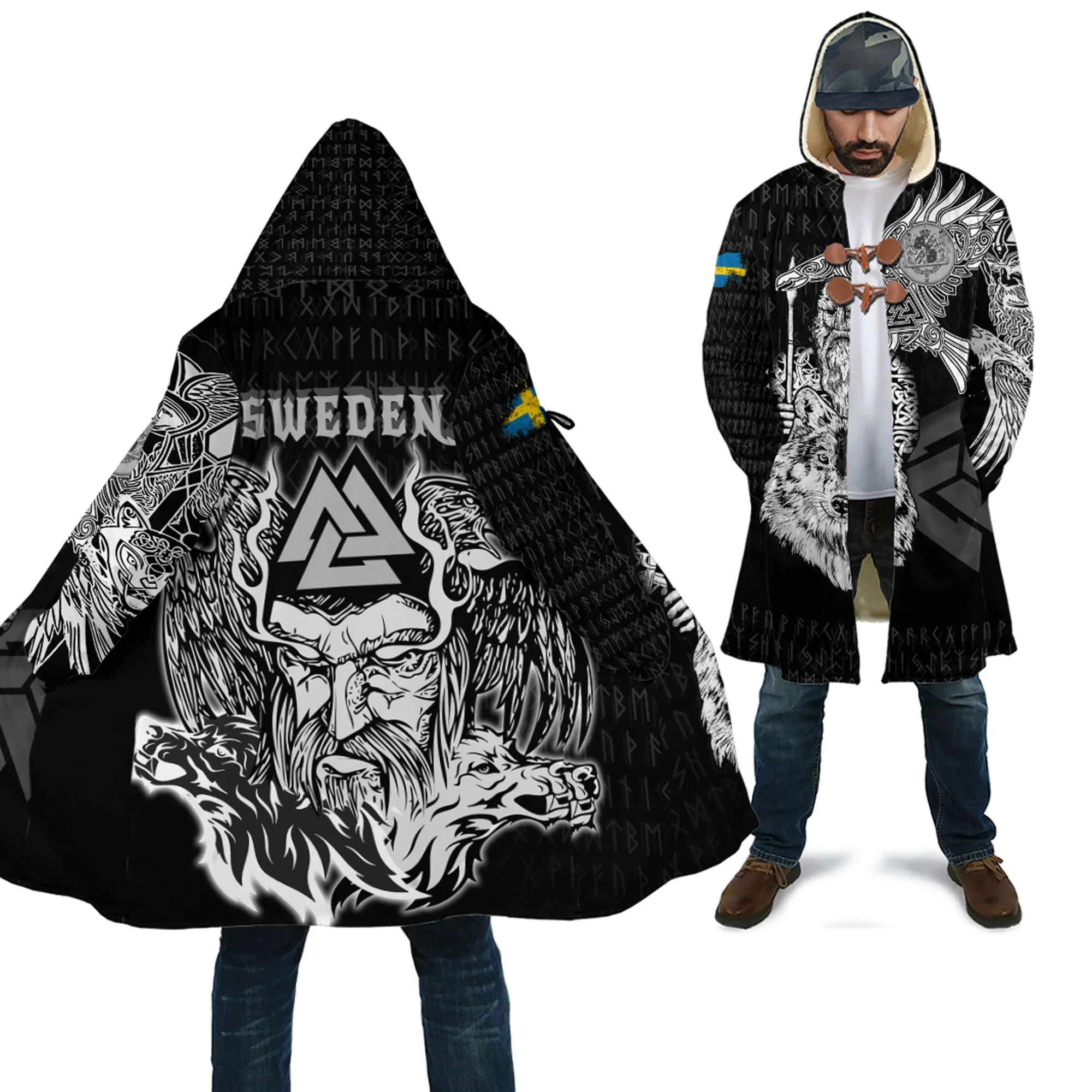 

Winter Fashion Hooded Cloak Raven and Vedvisir Tattoos 3D Printing Men's Wool Hooded Cloak Unisex Casual Thick Warm Cloak Coat