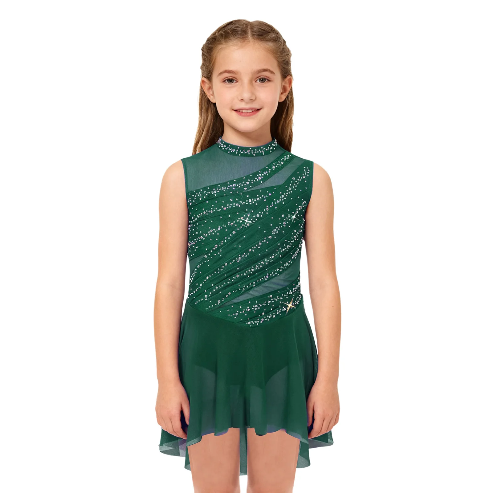 Mädchen Gymnastik-Ballett-Trikot Lyrisches Tanz-Performance-Kostüm Transparentes Netz Gerafftes Glänzendes Strass-Eiskunstlaufkleid – Detail 14