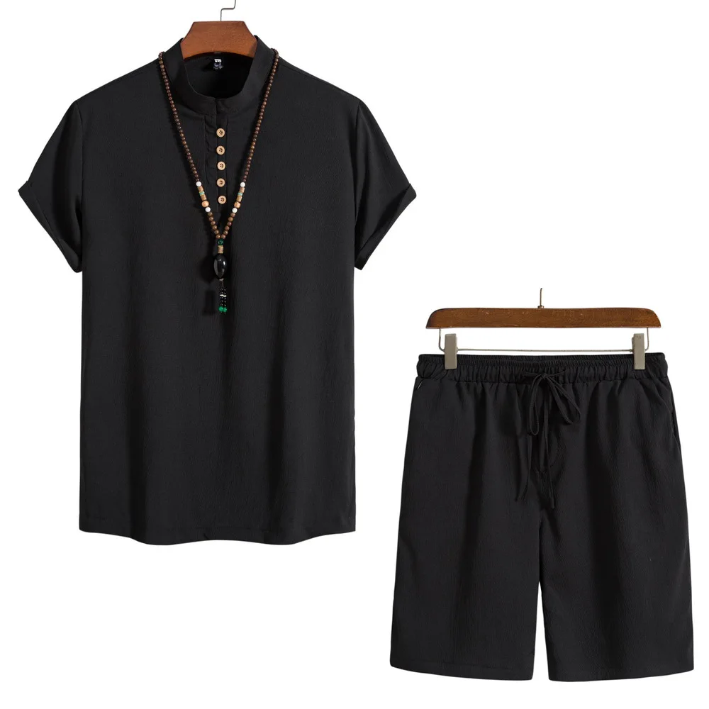 Mens Short Sleeve Button Blouse Shirt Tops and Wide Leg Short Suits
