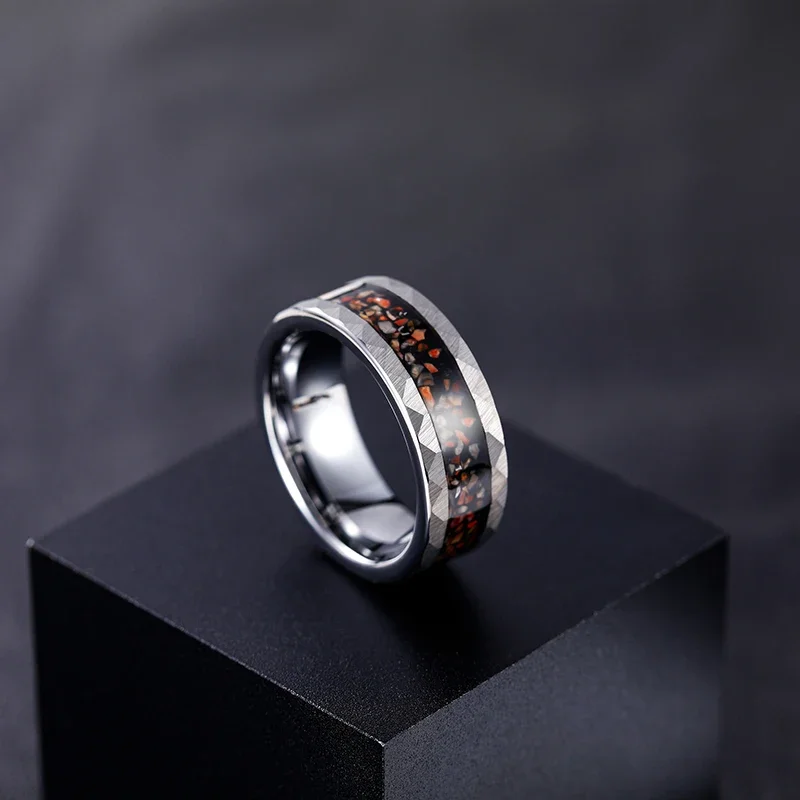 Somen 8mm Tungsten Wedding Rings For Men Dinosaur Bone Metal Slag Inlaid Hammered Edge Engagement Men's ring Fashion Jewelry 2